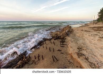 Historic Shipwreck On Great  Lakes Coast. Shipwreck Of The Ill Fated Wooden Iron Ore Ship The Joseph S. Fay At Forty Mile Point On The Coast Of Lake Huron Near Rogers City, Michigan.