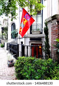 Historic Southern Architecture Low Country Early America 1700s Savannah, Georgia. The Southern Charm Of The Deep South Begins With The Historical Landmark Architecture.  