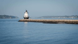 The Historic Spring Point Ledge Lighthouse At The End Of An Impressive, 900 Foot Granite Breakwater Ledge In South Portland, Maine.