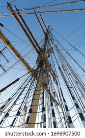 Historic Square Rig Sailing Ship Rigging From Bottom Of Mast At Dock At Williamstown In Vertical Composition.