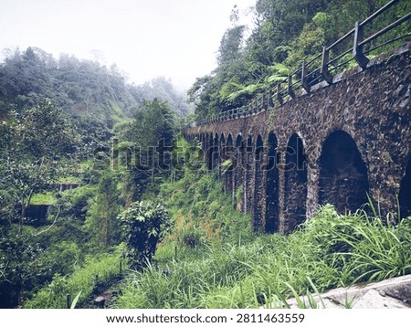 A historic stone arch bridge stretching across a lush tropical valley surrounded by dense green forest and misty hills. The impressive masonry architecture blends harmoniously with the natural landscape, creating a scenic destination ideal for travel, heritage, and outdoor photography. This peaceful setting highlights the beauty of nature, history, and ecotourism in a tropical environment.