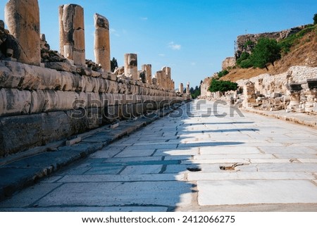 A historic stone path flanked by towering column remnants leads through the heart of an ancient archaeological site