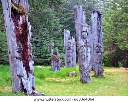Historic Totem Poles, Ninstints, Haida Gwaii, British Columbia, Canada