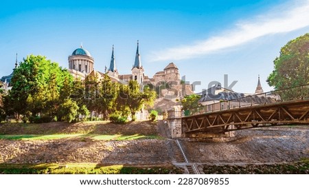 Historic town from the Esztergom basilica in Hungary. The Danube river and the border bridge to the town of Sturovo in Slovakia. City centrum