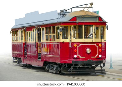 Historic tramway tram seen in Christchurch in New Zealand, gradient isolated in white back