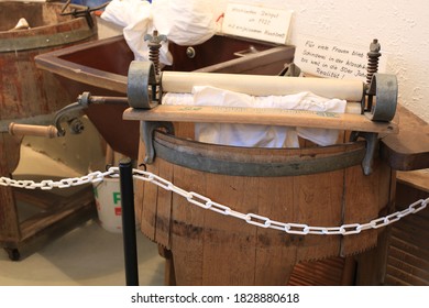 Historic tub for washing and hand wringer in the Waschmuseum in Ostbevern, Westphalia, Germany, 10-03-2020