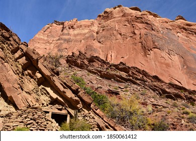 The Historic Uneva Uranium Vanadium Mine In The Canyon Walls Of  The  Spectacular  San Rafael Swell On A Sunny Fall Day, Near Green River, Utah