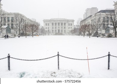 Historic university campus in Boston during winter
