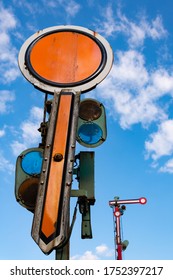 Historic Vintage Railway Signals With Colored Steel Plates On A Shut Down Station In Halver Sauerland Germany With Mechanical Functions And Lights On A Sunny Day