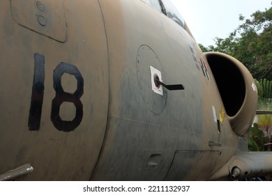 Historic Vintage Retired World War Fighter Plane For Air To Air Combat With Rustic Body Panels, Weathered Paint Job And Labels