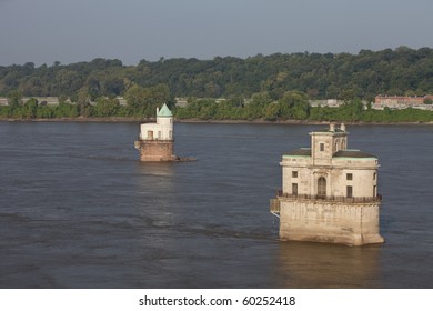 Historic Water Towers (water Intake)  On The Mississippi River Above St Louis As Seen From The Old Chain Of Rocks Bridge