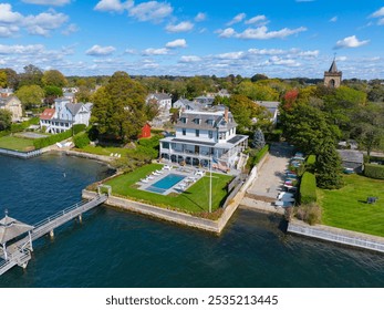 Historic waterfront mansion aerial view on Washington Street in Newport Harbor in Narragansett Bay, city of Newport, Rhode Island RI, USA.  - Powered by Shutterstock