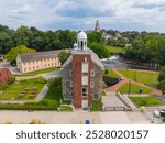 Historic Wilkinson Mill building aerial view in Old Slater Mill National Historic Landmark on Roosevelt Avenue in downtown Pawtucket, Rhode Island RI, USA.