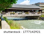 Historic wooden bridge over the Dranse river in Martigny, Wallis, Switzerland