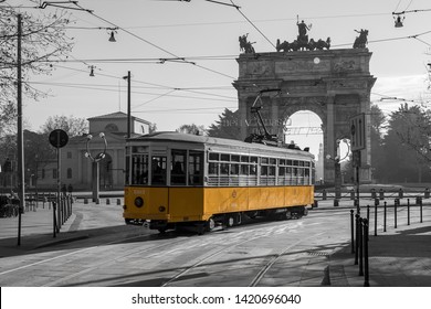 The Historic Yellow Tram In Milan In A Pic Black And White - Italy