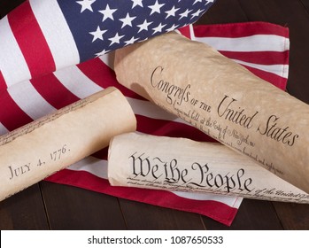 Historical American Documents (Declaration Of Independence, Constitution And Bill Of Rights) With The United States Flag