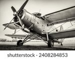 historical biplane on a meadow