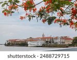 Historical buidlings in Old Town (Casco Viejo) of Panama City at the shore of the gulf of Panama. Palacio Bolivar and San Francis of Assisi Church tower.