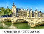 Historical building Consiergerie Castle(Palais de Justice), Pont Neuf and Seine river at summer, Paris, France