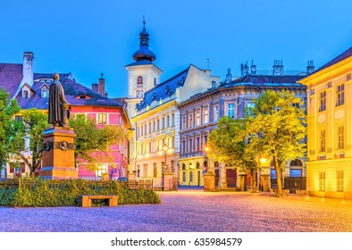 Historical center of Sibiu town at blue hour, Transylvania region, Romania.