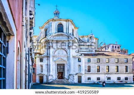Historical church San Geremia and square in center of Venice, Italy. / San Geremia church Venice Italy.