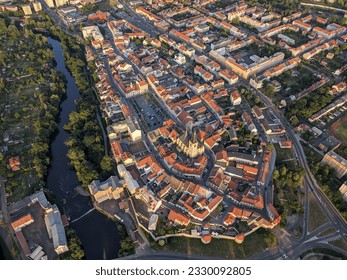 Historical city center of Louny town,aerial panorama cityscape landscape view of Ceske Stredohori 