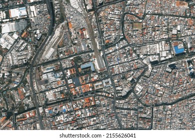 Historical City Of Jakarta From Space. It Shows Region Of West Jakarta, Indonesia. Image Satellite Of Building. Generated From Satellite Images. Suitable For Geographic Background Or Wallpaper. 