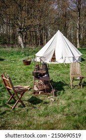 Historical Cooking Equipment Outside A Traditional Ridge Tent At The Henham Easter Country Show, April 2022