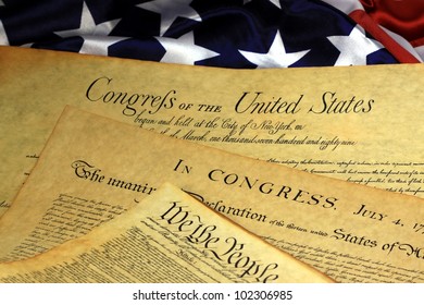 Historical Documents - United States Bill Of Rights And American Flag