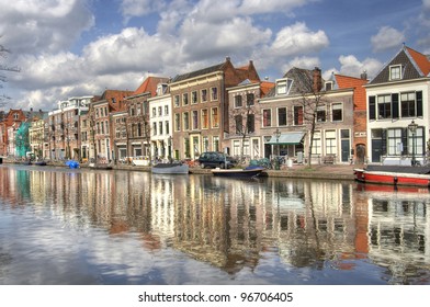 Historical Houses Along A Canal In Leiden, Holland