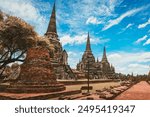 Historical local travel Thai concept, Landscape landmark of Wat Phra Si Sanphet temple with pagoda background, Ayutthaya historical park, Ayutthaya, Thailand.