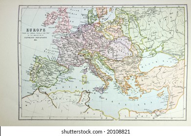 Historical map of Europe (time of Napoleon). Photo from atlas published in 1879 in Great Britain.