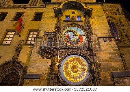 Historical medieval astronomical Clock in the Night, Prague Old Town Hall, Czech Republic
