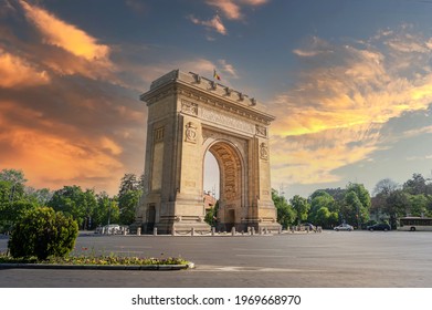 Historical monument in Buchareast, Arch of Triumph representing the victory of Romanian soldiers who managed to liberate the capital in the second world war.  - Shutterstock ID 1969668970