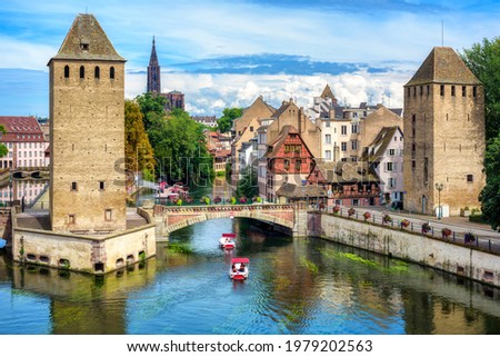 Historical Ponts Couvert bridge and towers in Strassbourg city, Alsace, France