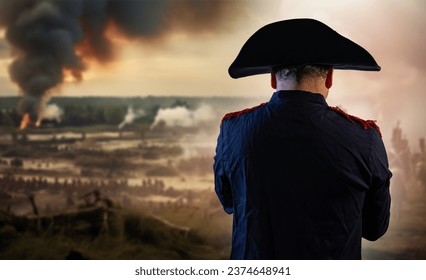 the historical portrait of Napoleon  Bonaparte on background of the battlefield