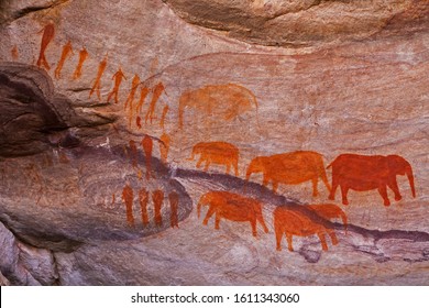 Historical San Rock Art near the Stadsaal Caves in the Cederberg. Western Cape, South Africa. There is no record of elephants occurring in this area. - Shutterstock ID 1611343060