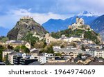 Historical Sion town with its two castles, Chateau de Tourbillon and Valere Basilica, spectacular set in the swiss Alps mountains, canton Valais, Switzerland
