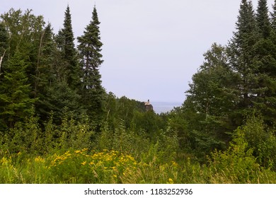 Historical Split Rock Lighthouse On Typical Minnesota Landscape Background. North Shore Scenic Drive.