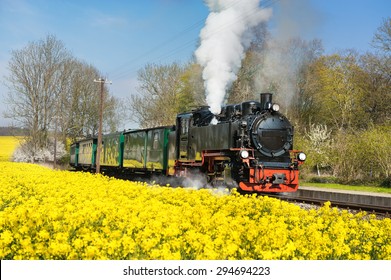 Historical steam train on island Ruegen going through rapeseed fields.  - Powered by Shutterstock