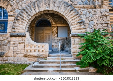 Historical Stone Archway and Wooden Doors with Steps from Eye-Level Perspective - Powered by Shutterstock