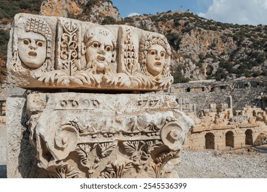 Historical stone bas-relief with carved faces in ancient city of Myra, Demre, Antalya Province, Lycia,Turkey.Historic necropolis reveals craftsmanship of ancient civilizations. - Powered by Shutterstock