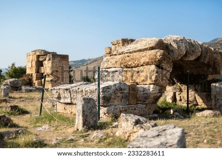 Historical stone ruins, temples and sky in Denizli Pamukkale Hierapolis