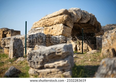 Historical stone ruins, temples and sky in Denizli Pamukkale Hierapolis