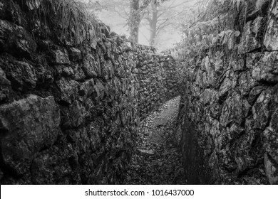 Historical trench from the First World War. Photographed in Austria where they fought against Italy in a bloody war in the Alps