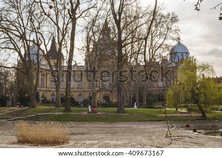The Historical Vajdahunyad Castle with lake in City Park located behind the Heroes Square in Budapest, Hungary