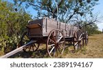 Historical wagons used by the US pioneers for their emigration to the West in the 19th century. These are prairie schooners. Shot in the ruins of Fort Phantom Hill, Texas. Only for editorial use.