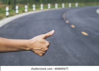 Hitchhiker Sign Thumb Up On Highway Road Outdoor Traveler