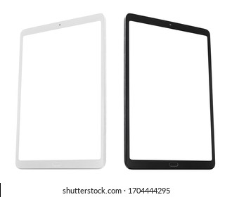 hite and black tablets with blank screens, isolated on white background