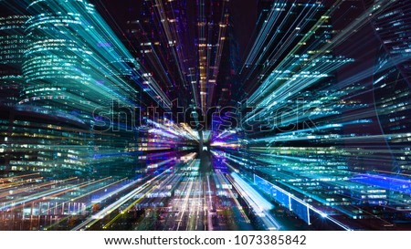 Hi-tech abstract background. Cityscape of skyscrapers of Moscow City Zooming